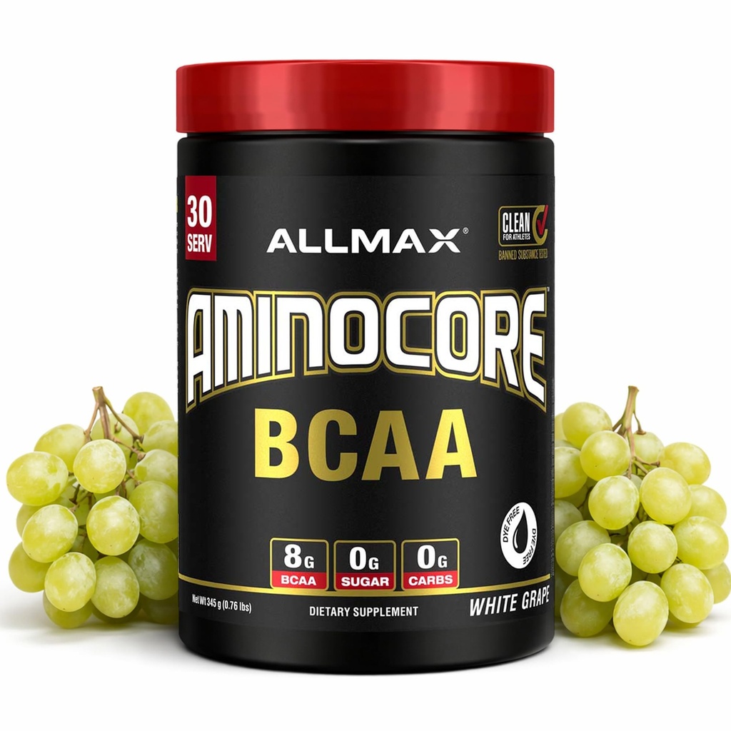 ALLMAX Nutrition AMINOCORE BCAA Powder, 8.18 Grams of Amino Acids, Intra and Post Treout Recovery Drink, Gluteeniton, valkoinen rypäle, 315 g