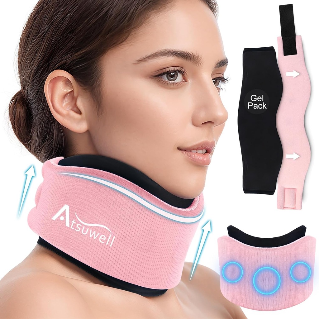 Atsuwell Soft Neck Brace Cervical Collar, Justerbar Neck Support Brace med Removable Gel Pack, Återanvändbar Ice Wrap för korrekt hållning, sovande, rosa