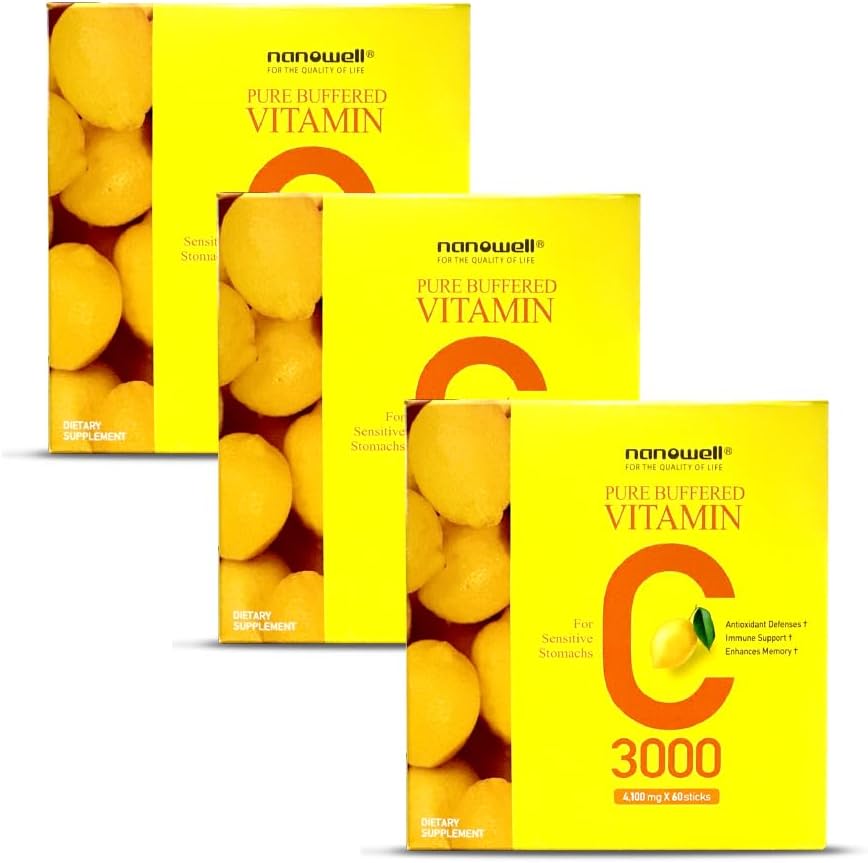 NANOWELL puhdas puskuroitu C-vitamiini 3000 mg per tarjoilu, ravintolisä immuunitukea - 60 tikkua x 3 laatikkoa, 6 kuukautta tarjonta (180
