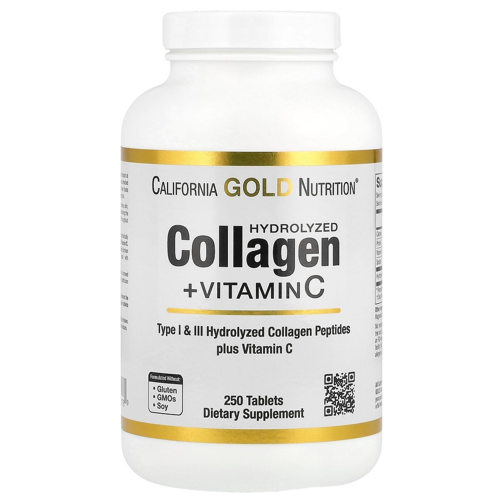 Kalifornia Gold Nutrition Hydrolysed Collagen Peptides + C-vitamiini Tuki hiukset, iho, kynnet, nivelet, & Bones - Featuring tyyppi I & III Collagen Peptides - Gluteeniton, ei GMO - 250 tablettia