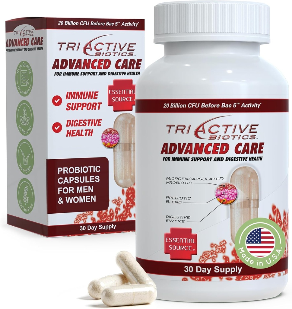 Essential Source TriActive Biotics Advanced Care - 20 miljardia PMY Probiotics for digestive Health, Immune Support Supplement, Microencapsulated Probiotics for Women & Men, 30 Ct Kapselit