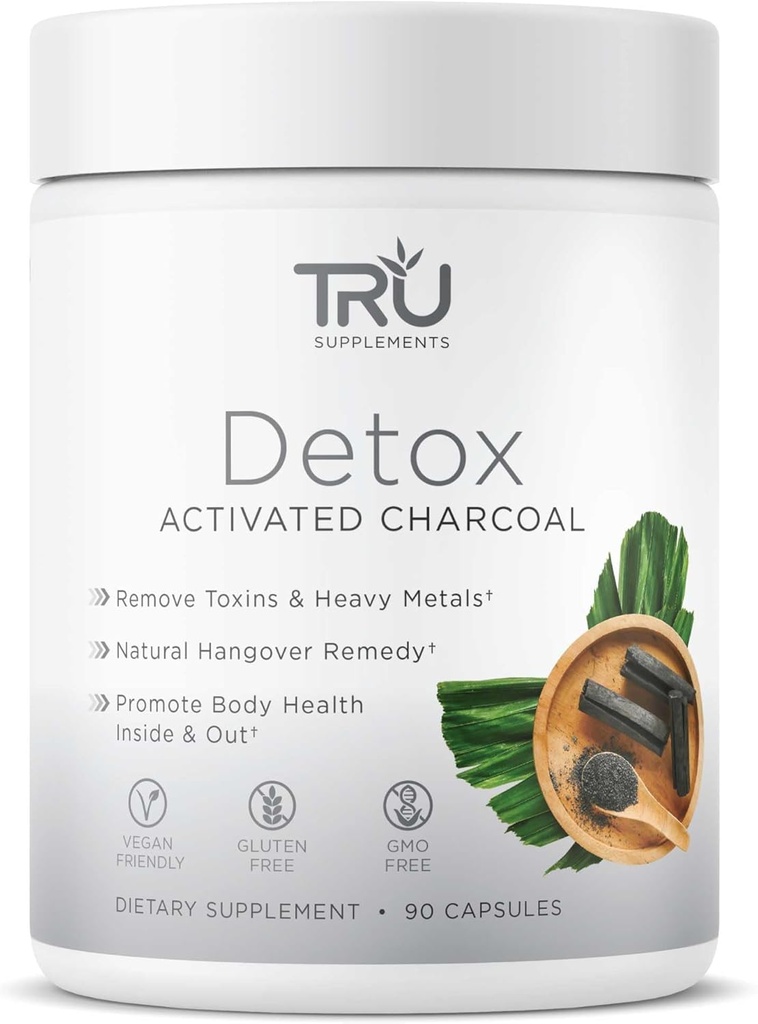 TRU-lisät Detox Cleanse-kapselit aktivoidulla hiilihiilellä, koko vartalon puhdistus turvotuksen lievittämiseen ja ihon kirkastamiseen, vegaaninen-ystävällinen luonnollinen detox-tuki, 60 tarjoilua