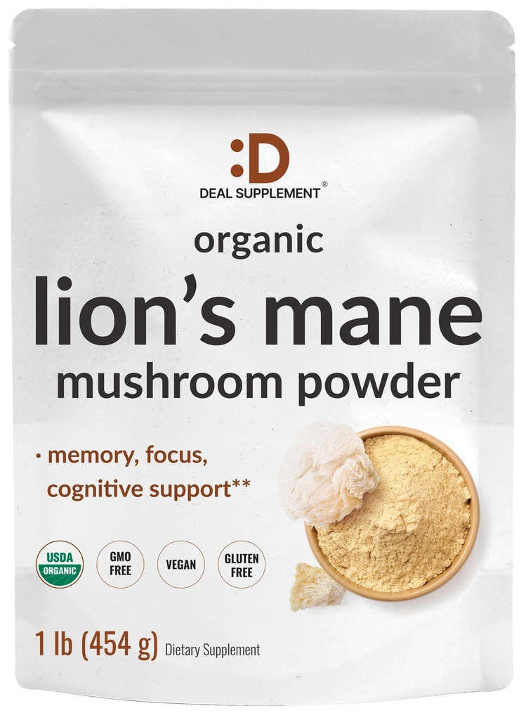 DEAL lisäravinteet Organic Lions Mane Mushroom Powder Supplement, 1500mg per Serving, 1lb ...