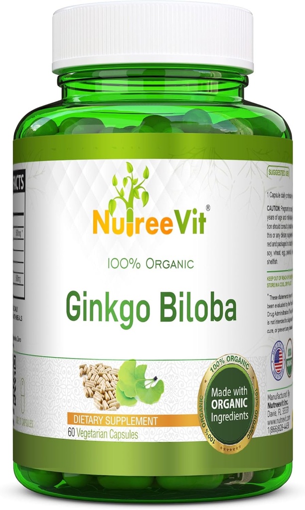 NutreeVit 100% Organic Ginkgo Biloba kapselit - Tukee aivojen terveyttä, henkistä valppautta, verenkiertoa, ja lisää muistia - Orgaaninen antioksidantti - 100 Count Bott