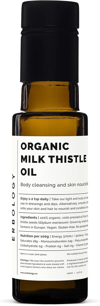 Erbologia Organic Milk Thistle Oil 3.4 fl oz - Kylmäpuristettu - Korkea E-vitamiini - Vitamiinia - Suoraan Farm - Ei GMO - Ei lisäaineita tai säilöntäaineita - kierrätettävä lasipullo