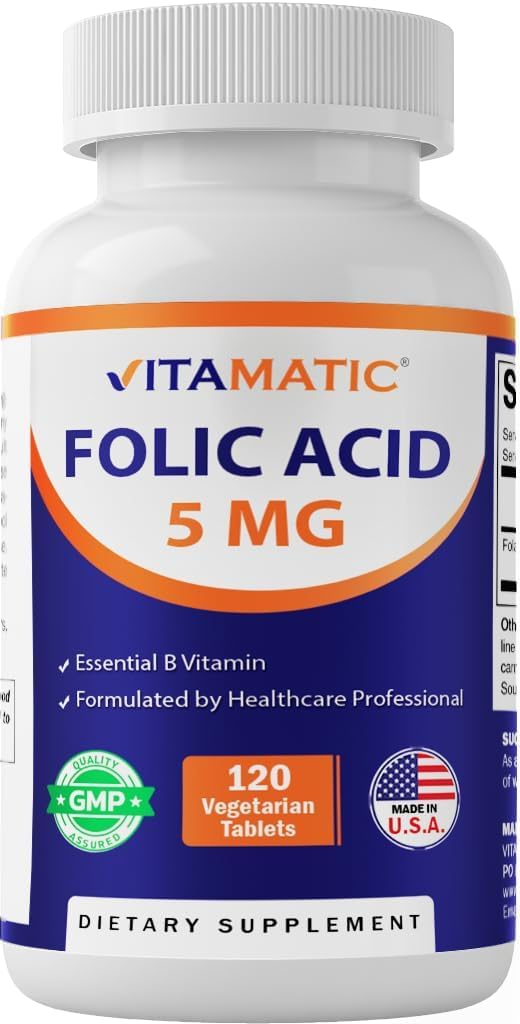 Vitamatic Folic Acid 5mg (5000 mikrog) 120 kasvissyöjätablettia Korkeatehoinen B9-vitamiini (Folate) soluihin, sydämen tuki & prenataalihoito