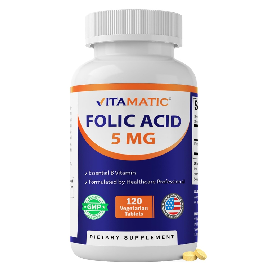 Vitamatic Folic Acid 5mg (5000 mikrog) 120 kasvissyöjätablettia Korkeatehoinen B9-vitamiini (Folate) soluihin, sydämen tuki & prenataalihoito