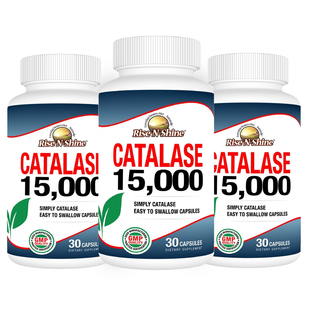 Rise-N-Shine Catalase Supplement 15 000 - Kraftfullt antioxidantenzym för hårhälsa - Hårtillskott för starkt hår - 90 kapslar - Pack av 3 fulla storleksflaskor (90-dagars leverans)