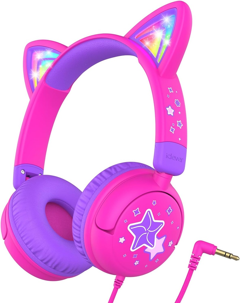 iClever Kids Headphones Cat Ear, LED Light Up, 85dBA Safe Volume, Stereo Sound Toddler Headphones för Travel School, Foldable 3.5mm Wired Kids Headphone för iPad Tablets, Meow Lollipop-Hot Pink