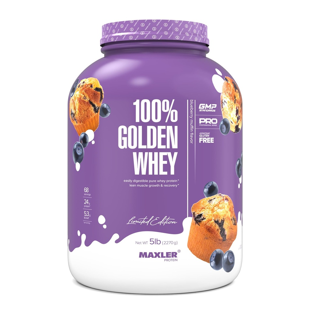 Maxler 100% Golden Whey Protein - 24g proteiinia per tarjoilu - Premium Whey Protein Powder for Pre Post Treout - Fast-Absorbing Whey Concentral, Isolate & Hydrolysate Blend - Mustikka Muffin 5 lb