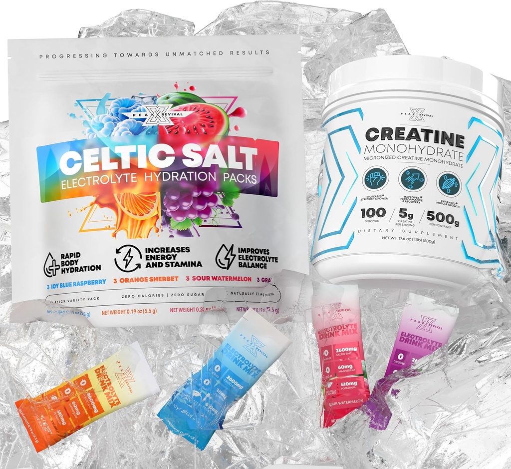 Micronized Creatiini Monohydraatti Powder + Elektrolyytit Powder Packets - Keltti suola Variety Pack (12 Packets)
