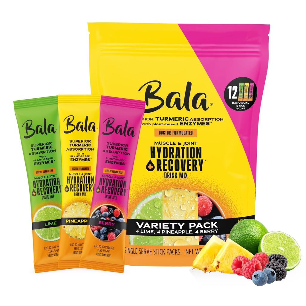 Bala Enzyme Hydraation & Sokeriton juoma Mix - kurkuma, bromeliini, Papain - immuniteetti, liikkuvuus - Variety Pack 0.25oz (12 Count)