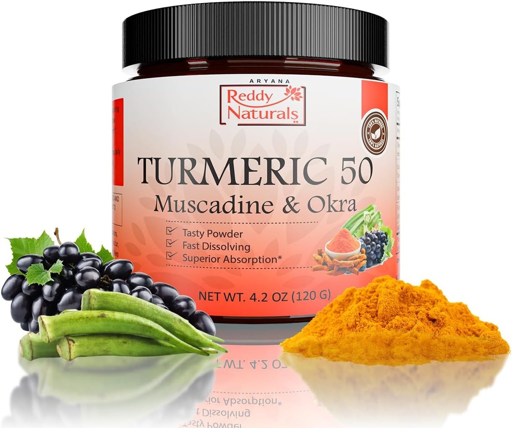 Reddy Naturals Aryana Turmeric 50 - Organic Turmeric Supplement Powder med Muscadine Grape & Okra - Fast-Dissolving, Plant-Based Formel för Daglig Wellness - 30 portioner