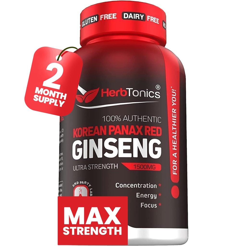 Herbtonics Korean punainen Panax Ginseng 1500mg - Energy Supplement Peak Performance, Focus & Vitality - High Potency Ginseng juuriuute - 120 vegan kapselit