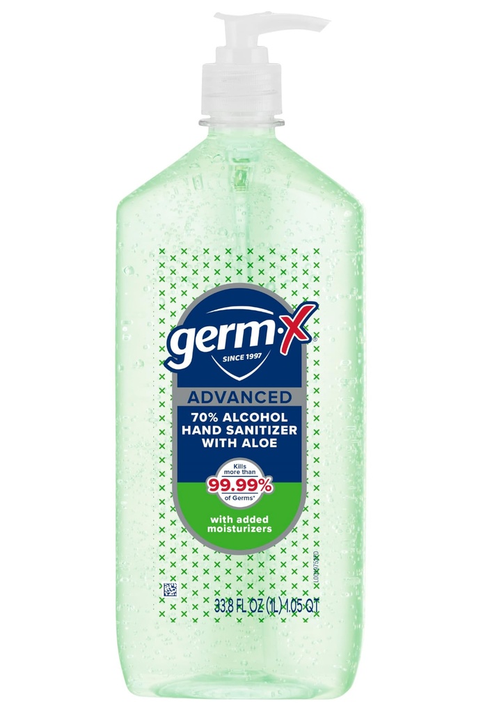 Germ-X Advanced Hand Sanitizer kanssa Aloe ja E-vitamiini, ei-Drying Kosteuttava geeli, pikainen ja ei huuhdella Formula, Pump Bottle, Takaisin koulun tarvikkeet, 1 Liter