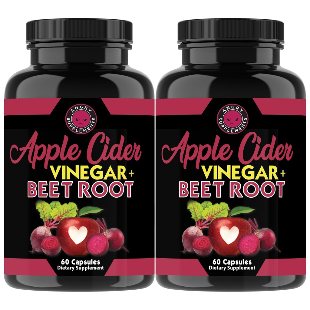 Angry Lisäravinteet Apple Siideri Viinietikka + juurijauhekapselit, puhdas ACV Beetroot 1000 mg per tarjoilu, typpioksidi Booster & digestiivinen terveys miesten ja naisten 60ct, 2 pakkaus (120ct yhteensä)