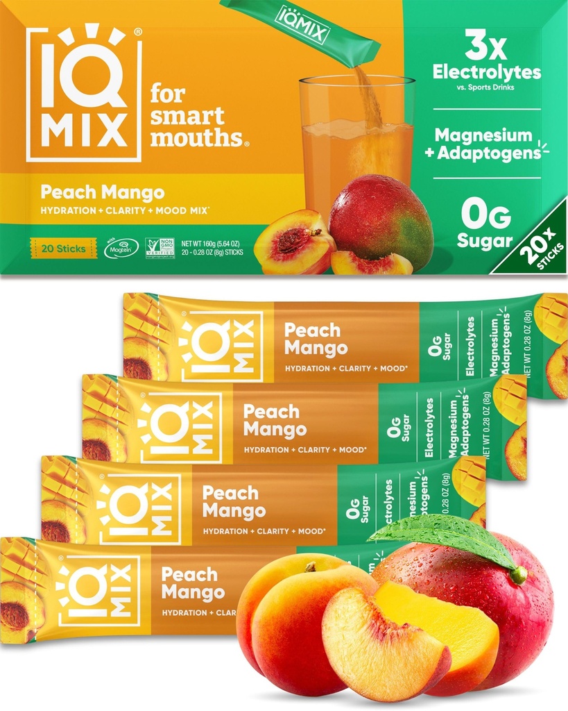 IQMIX Hydration Electrolyte Powder - 4-i-1 Formel för Hydration, Mental Clarity, Mood and Recovery - Sugar-Free Drink Mix, Keto, Magnesium L-Threonate, Lion's Mane - 20 Count Peach Mango