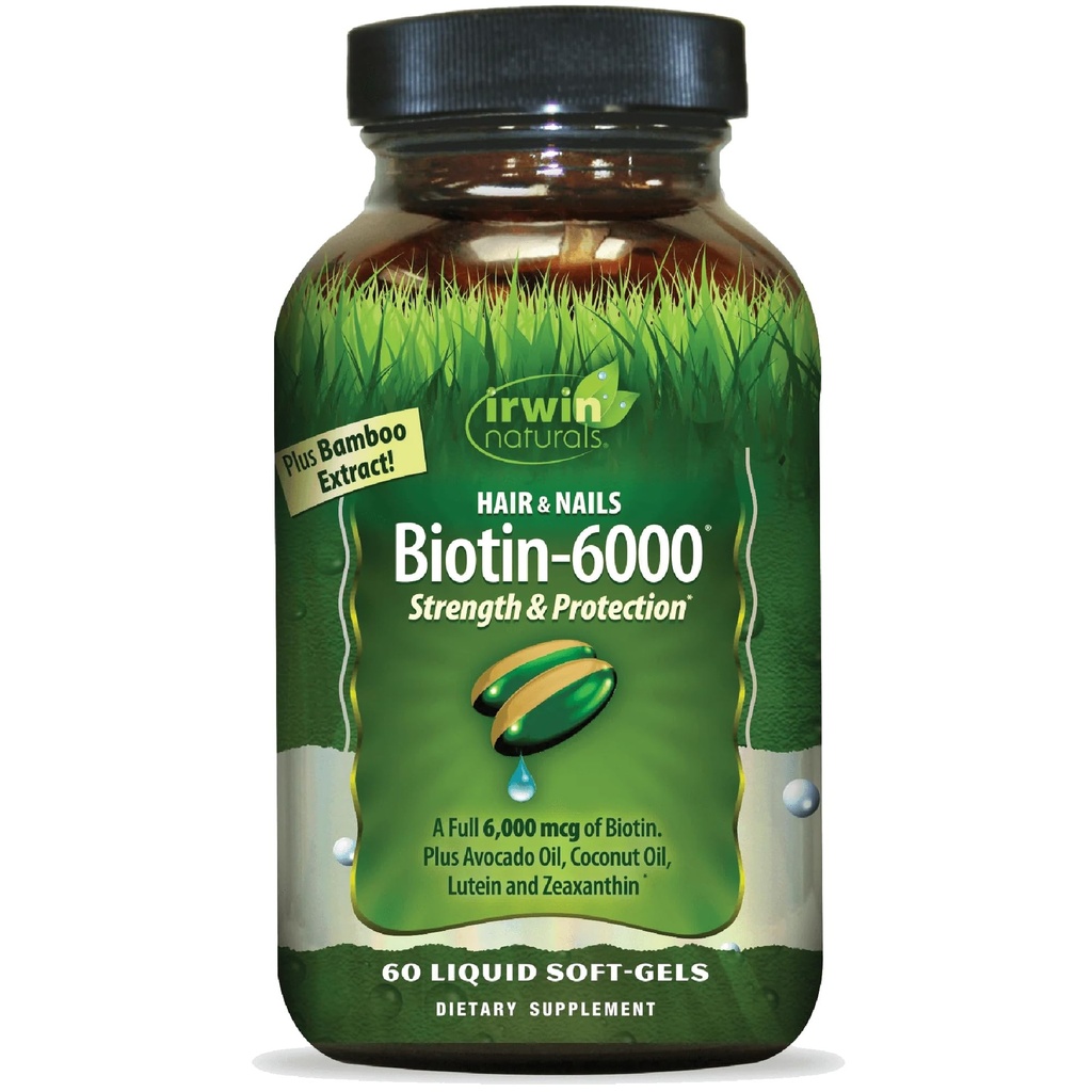 Irwin Naturals Biotin-6000 Stöder Hälsosam hud, hår och naglar - 60 Liquid Softgels - Styrka + Skydd med hög styrka 6000 mcg, Bamboo, Avocado, Coconut & More - Maximal Absorption