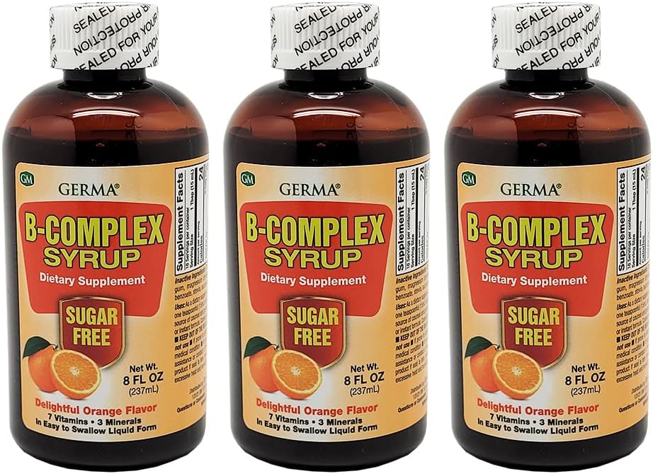 Germa B-Complex Syrup. Kosttillskott. Benhälsa, tillväxt och utvecklingshjälp. Sugar Free. Orange smak. Förpackning med 3