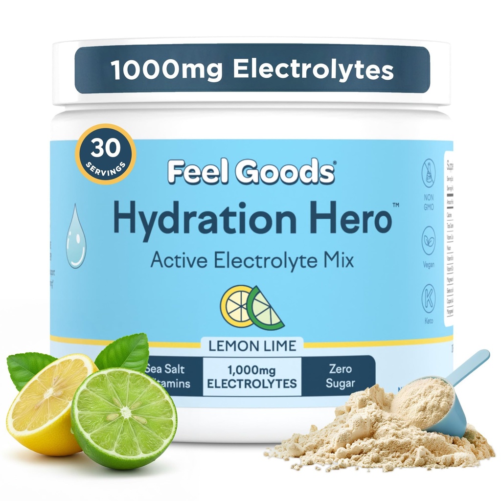 Känna varor Hydration Hero, 1000mg Electrolytes Powder, Sugar Free, Magnesium, Organic Aloe Vera, Organic Aloe, L Theanine, Vitamin C & B12, Non GMO, Keto, Vegan | Lemon Lime, 30 portioner