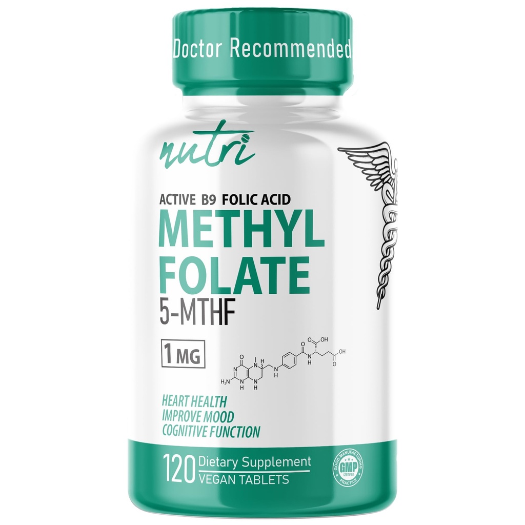 Nutri 5-MTHF L Methylfolate 1MG - 4 Month Supply, 120 Vegan tabletter - Methylated Folate Supplement - Kognitiv funktion, hjärthälsa, Prenatal Support - 3rd Party Tested - NSF Certified Facility