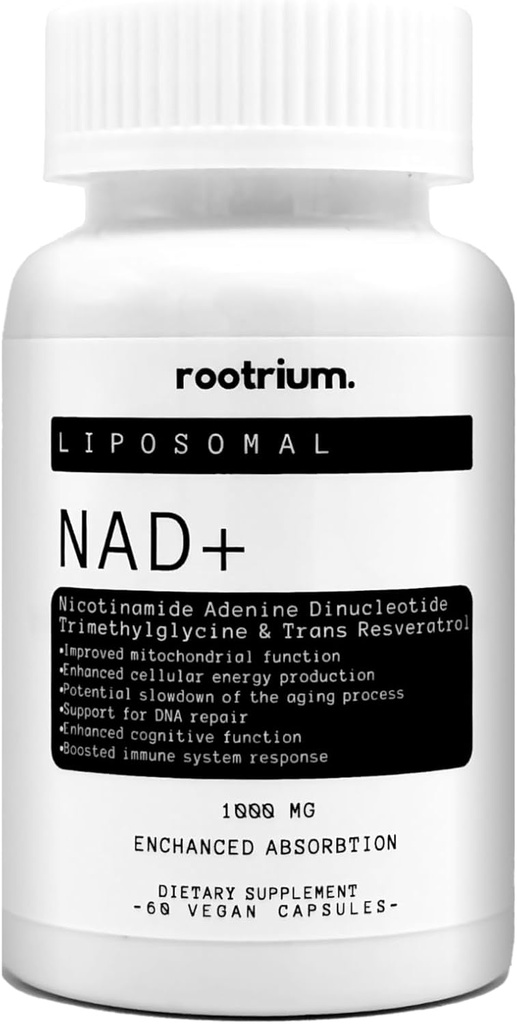 Rootrium Liposomal NAD + 1000mg med Resveratrol & TMG - Tre i en förbättrad energi, DNA Repair & Anti-Aging Formel - Boost Brain Function & Cellular Health, 60 Vegetarian Capsule