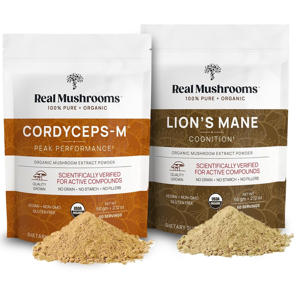 Lions Mane (60g) och Cordyceps (60g) Mushroom Extract Powder Bundle - Mushroom Supplement för kognition, energi och uthållighet