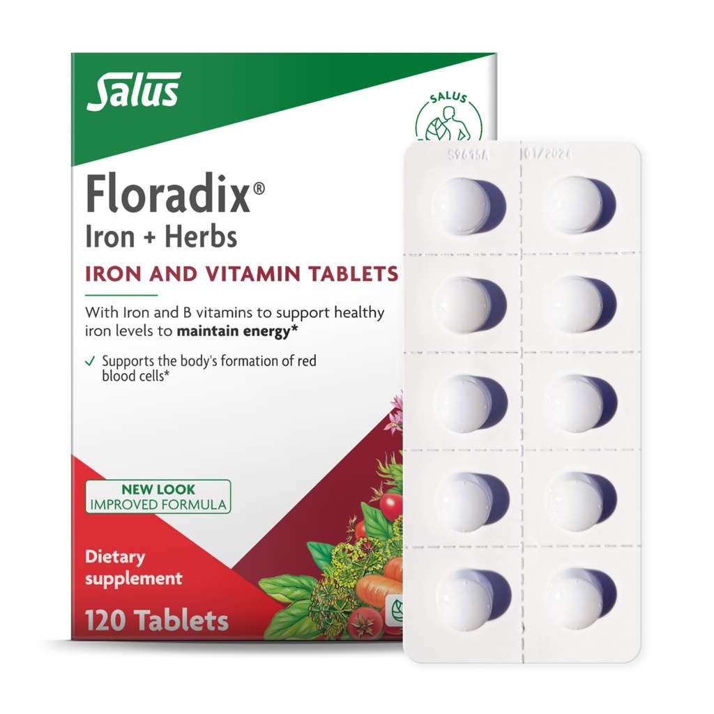 Floradix Rautatabletit - rautalisä B-vitamiinit, foolihappo, C-vitamiini & enemmän - energiatuki - Kasvisruokaa & Gluteeniton - 120 tablettia (120 tarjoilua)
