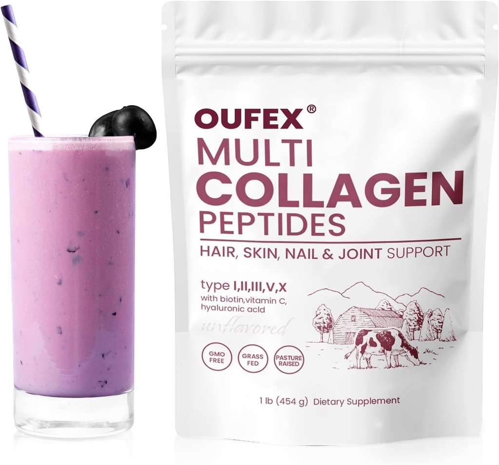 Multi Collagen Peptides Powder, Collagen Peptides for Women & Men, Collagen Powder with Hyaluronic Acid, Biotin, Tyypit I, II, III, V, X, Promotes Hair, Nail, Skin, Bone and Joint Health (1 lb)