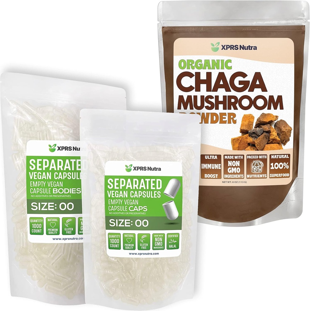 XPRS Nutra Erillinen koko 00 kapselia (1000 kreivi) Chaga-jauheella (8 tauko)