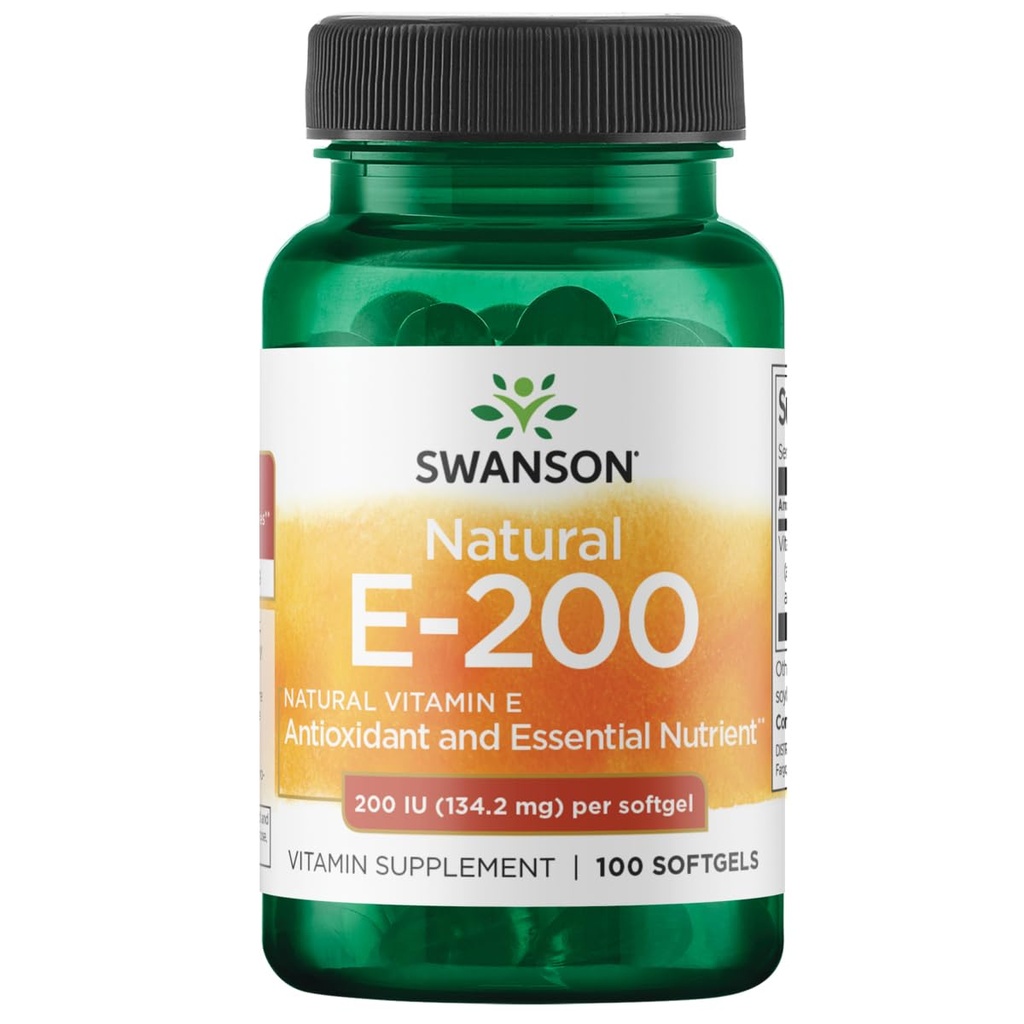 Swanson Natural Vitamiini E - Natural Supplement Tukeva sydänterveys ja kudosten suojelu - Essential ravinne edistää yleistä terveyttä ja hyvinvointia - (100 Softgels, 200IU Each)