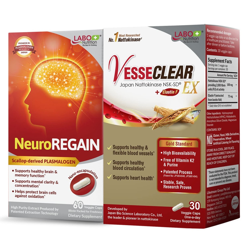 LABO Nutrition VesseCLEAR EX + NeuroREGAIN: Nattokinaasi NSK-SD, Elastin F puhtaalle ja joustavalle verisuonelle, kardiovaskulaarinen ja verenkierron tuki, Scallopista johdettu PLASMALOGEN aivojen rappeutumiseen