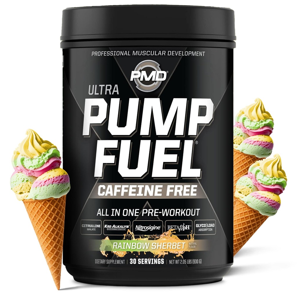 PMD Sports Pump Fuel Ultra Comfeine Free - Premium Pre Treout Powder & Muscle Pump, Greater Focus, Endurance & Recovery, Premium Creatiini, Arginine & Beta Alanine - Rainbow Sherbet (30 Servings)