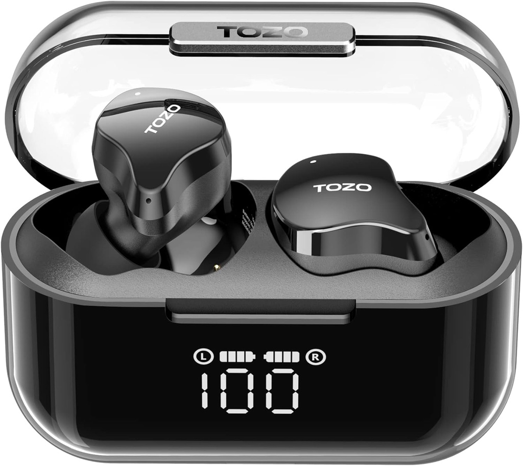 TOZO T18 langaton kuulokkeet Bluetooth kuulokkeet 5.3, IPX8 vedenpitävät korvannuket, 4 Mic Clear Soita pitkä soittoaika LED Digital Display Lataus tapauksessa, stereo basso ääni 32 Mukautettu EQ kautta APP