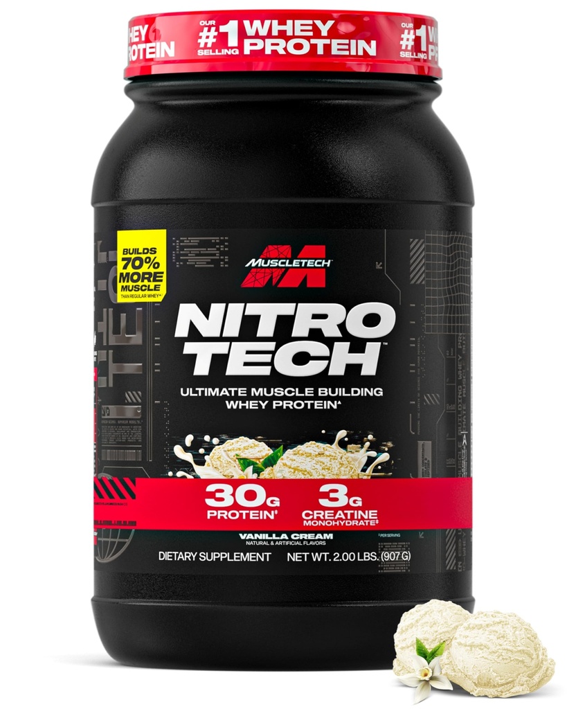 Muscletech Whey Protein Powder (Vanilla Cream, 2.2 Pound) - Nitro-Tech Ultimate Muscle Building Formel med Whey Protein Isolate - 30g Protein, 3g Kreatin & 6.8g BCAA - Förpackning kan variera