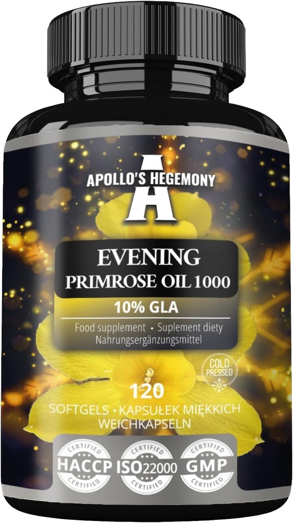 APOLLO'S HEGEMONY Ilta Primrose Oil 1000 mg ja E-vitamiini - sisältää 100 mg GLA Acid - 120 Softgel Kapselit - 4 kuukautta Supply - Ruokavalio täydentää tukea Hormonaalinen tasapaino ja ihon terveys