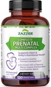 Zazzee Extra Strength Complete Prenatal Multiple Complex, 120 Vegan Kapselit, 2 kuukauden tarjonta, 23 Essential Vitamiinit & MK7, 10 miljardia PMY Probiootit, Prenatal Enzymes, Organic Herbal Blend