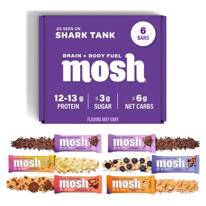 MOSH Variety Pack Keto Protein Bars, High Fiber, Low Carb, Gluteeniton, Korkea proteiini, Aivojen Terve Välipala Ashwagandha, Lion's Mane, 6 Count