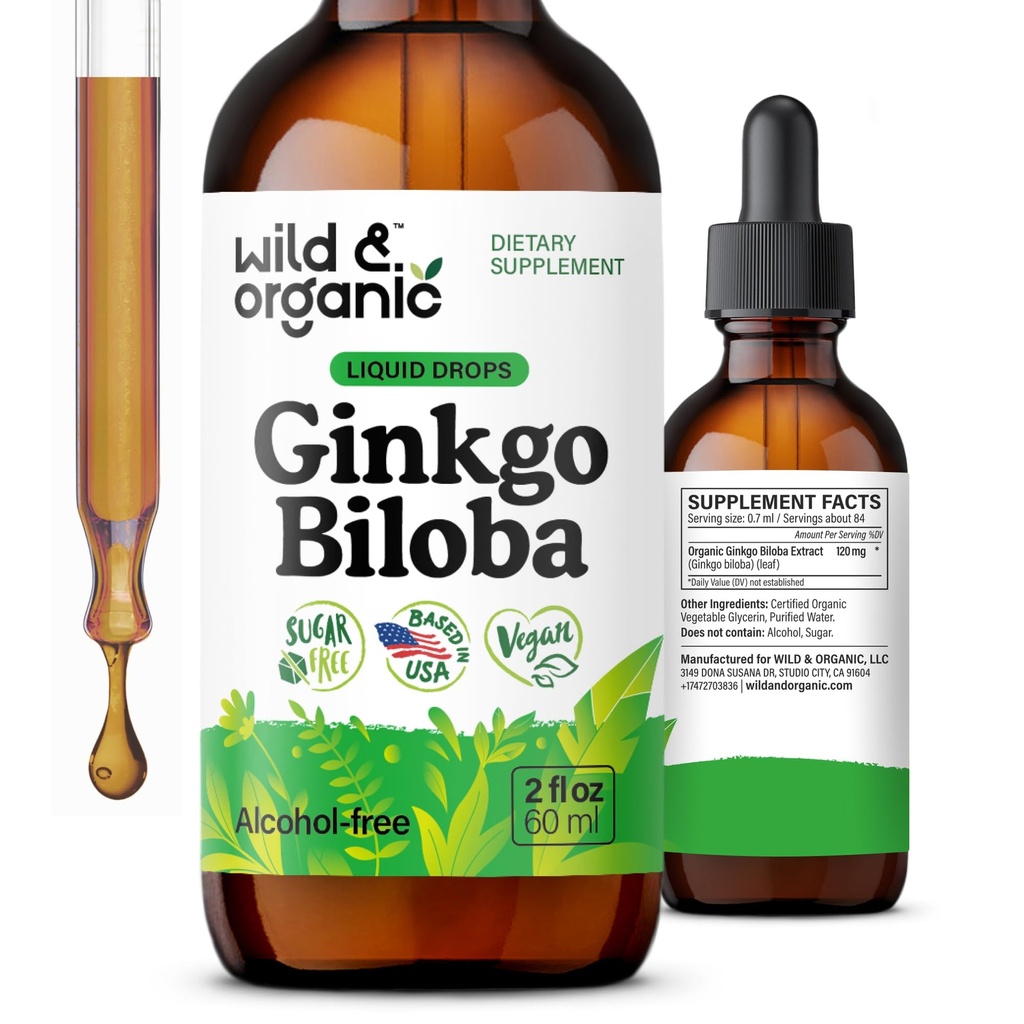 Wild & Organic Ginkgo Biloba Tincture - Brain & Focus Support Ginkgo Leaf täydennysosa - Vegaani, sokeri ja alkoholiton yrttiuute Tincture - 2 fl oz