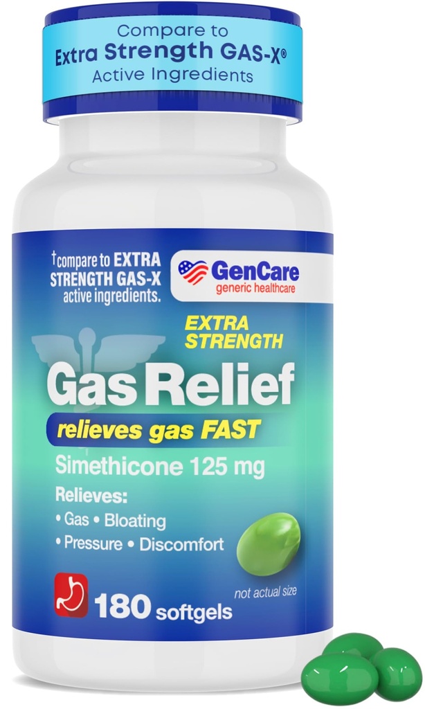 GenCare -Extra Strength Gas Relief Simeticone 125 mg (180 Softgels) Maximum Strength Antigas pillereitä turpoamiseen, paineeseen ja häiriöihin - Vertaa Generic Extra Strength Gas X