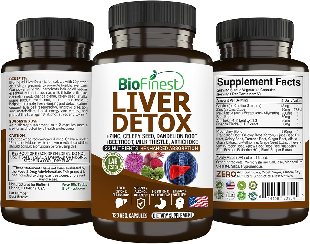 BioFinest Liver Detox Supplement - 22 Nutrients Milk Thistle Artisokka selleri Seed Chanca Piedra Punainen juuri Voikukka Turmeeric Inkivääri - Alkoholin puhdistus Energia Digestio Aineenvaihdunta (120 Veg. Kapselit)