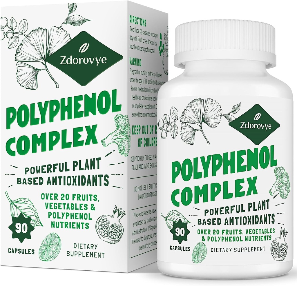 20-in-1 Polyphenols Supplement Over 20 Fruits, Vegetables & Polyphenols, Powerful Antioxidants, Quercetin, Resveratrol, Turmeric, Green Tea, Polyphenols for Age Defense, Energy & Immune, 90 Capsules