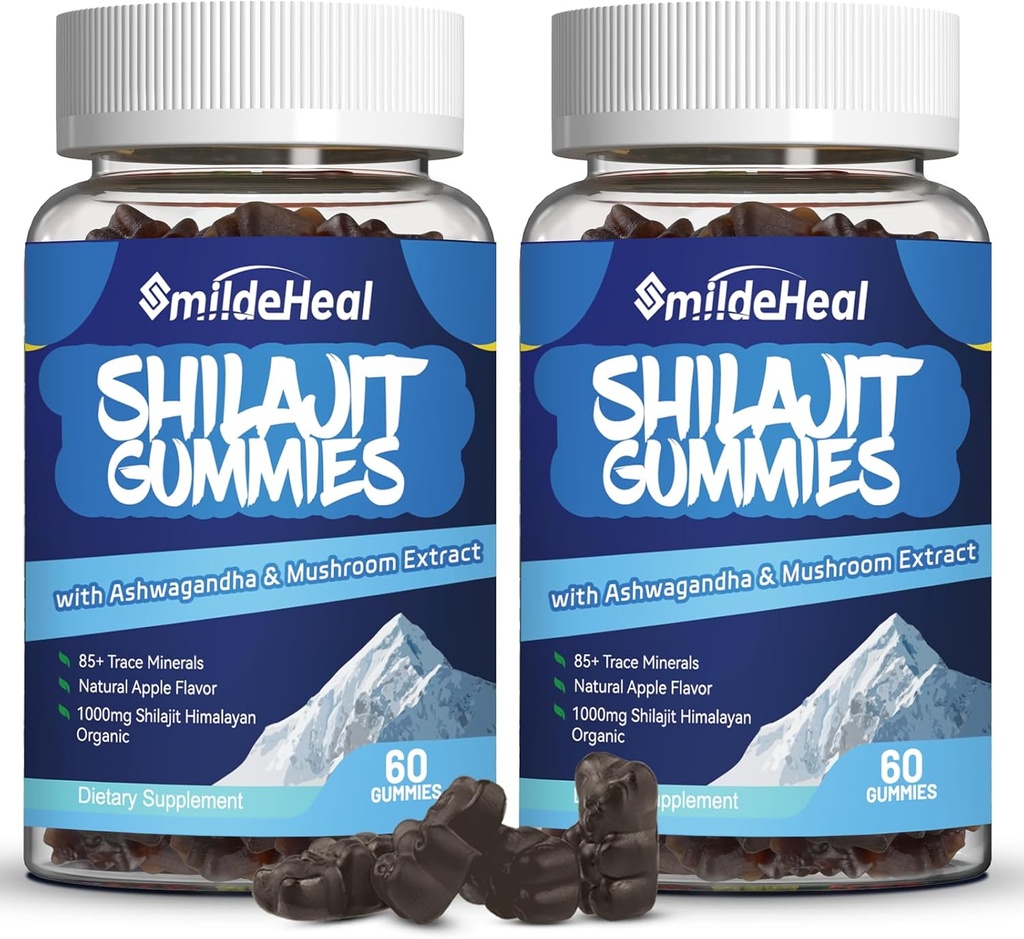 Shilajit Gummies 1000 MG, Organic Shilajit Supplement, 85+ Trace Minerals, Ashwagandha, Mushroom - Energia, aivot, Immuniteetti tuki, miehille ja naisille - 120 Count