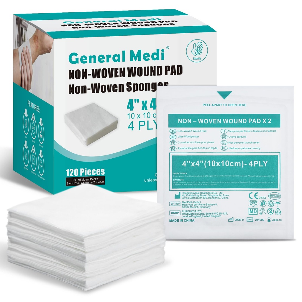 Kenraali Medi Sterile Guze Sponges, 4" x 4" Ei-Woven Wound Pads - Yksilöidysti kääritty Erittäin Absorbentti Sponges Pads for Cushioning Minor Wounds, Viillot & Palaa Haavat Hoito (60 Packs, 120 Pieces Yhteensä)