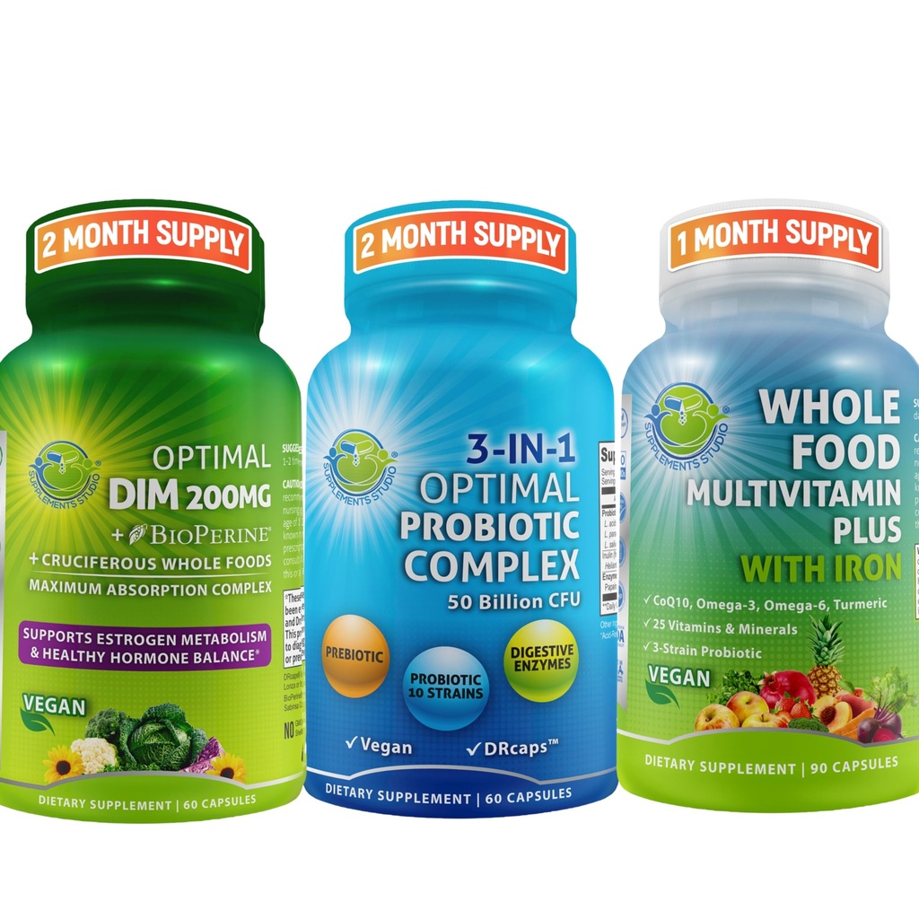 Hormonal Balance & Digestive Health Trio - DIM 200mg med BioPerine® & Cruciferous Veggies + 3-i-1 Probiotic med prebiotiska och enzymer + Whole Food Multivitamin med järn - Vegan Wellness Support