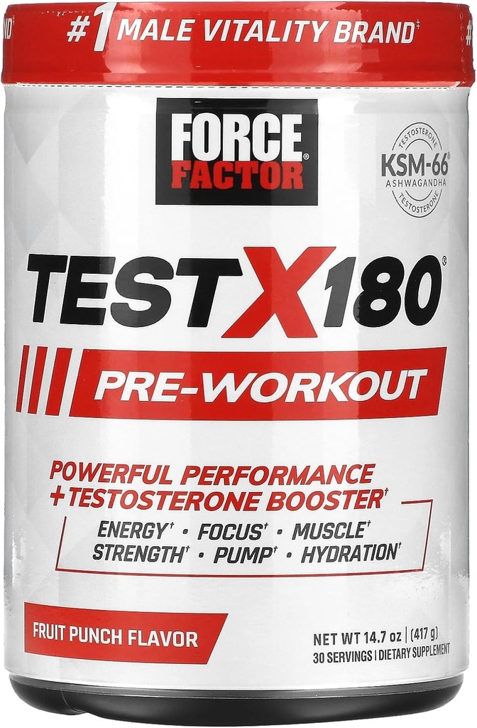 FORCE FACTOR Test X180 Pre-Workout Powder & Energy Supplement, Boost Focus & Endurance, Build Muscle & Strength, Typpioksidilisä Ashwagandaha & L-sitrulliini, hedelmämehu, 30 tarjoilua
