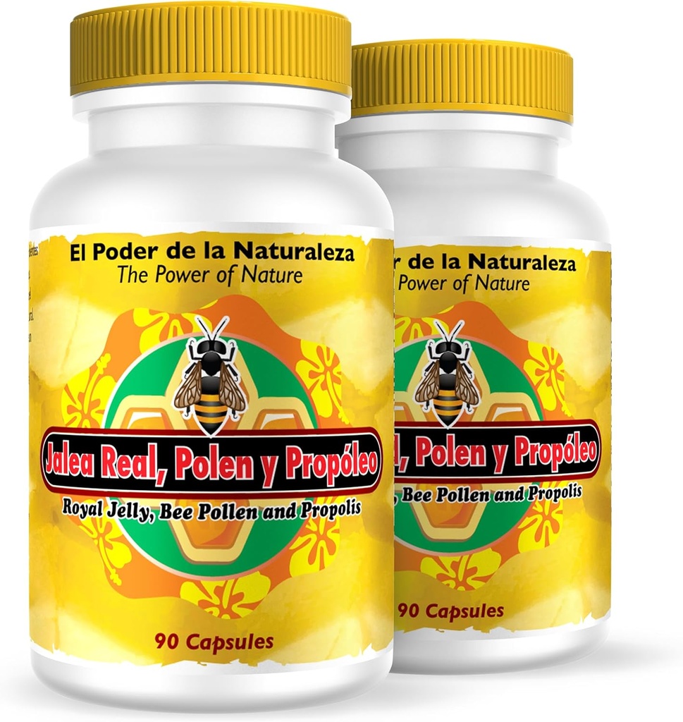 Nutrisalud Tuotteet Jalea Real, Polen y Propoleo en UNA sola capsula. Maxima Potencia. Tonico rejuvenecedor, energia Natural, .Set de 2 frascos con 90 caps. c/u.