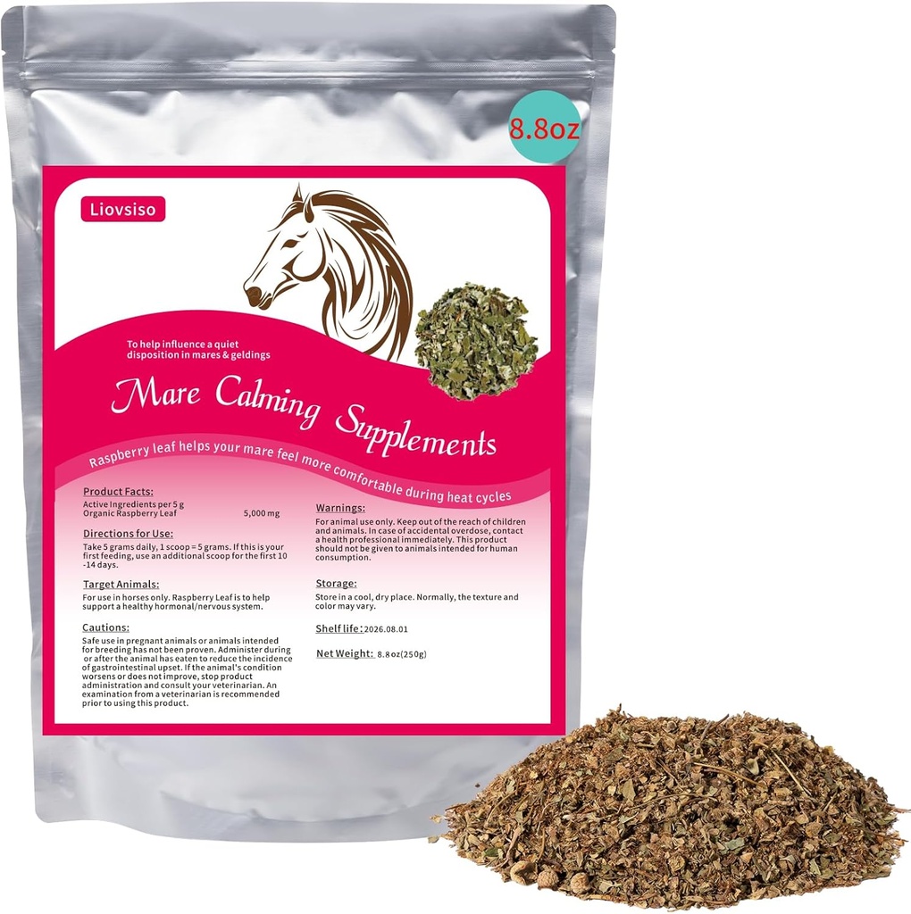 8.8 oz Horse Calming täydentää - Natural Vadelma Leaf Eases ahdistuneisuus ja epämukavuus Moody Mares, Calms aikana lämpösyklit - Sopii Geldings liian