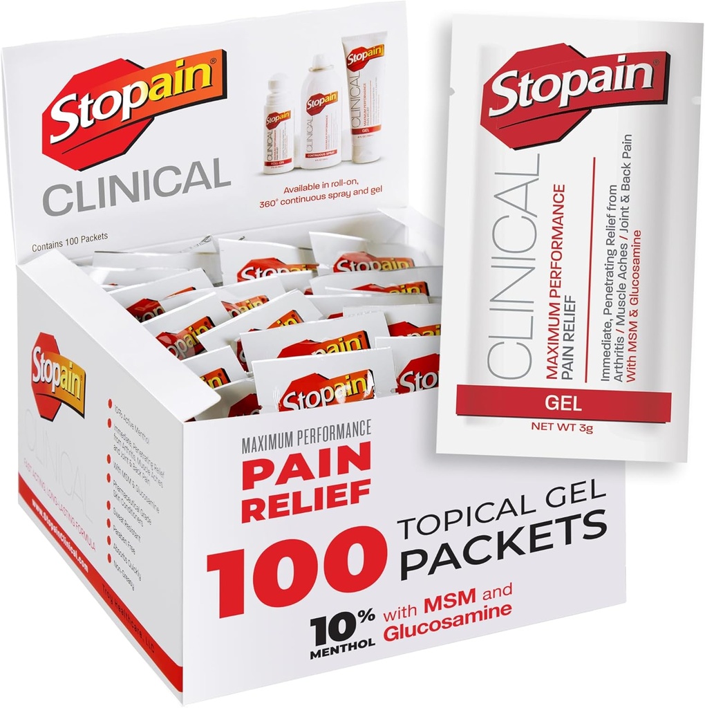 Stopain Pain Relief Clinical Gel Packets, 100 pakkaus, valmistettu USA:ssa, maksimaalinen suorituskyky Pain Relief 10% Mentol Plus Glukosamiini lihassärkyihin, nivelkipu, ja niveltulehdus