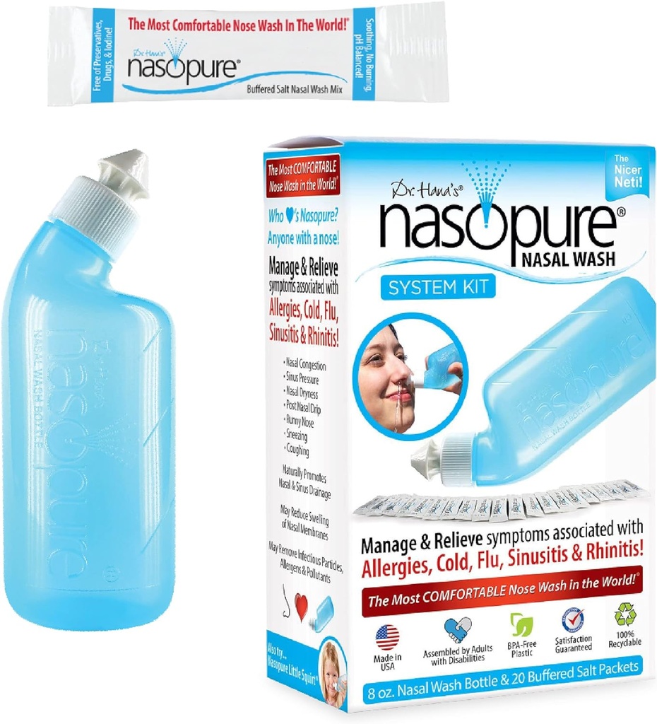 Nasopure Nasal Wash, System Kit, "The Nicer Neti Pot" Sinus Wash Kit, Bekväm Nasal Rinse 8 Oz Bottle & 20 Salt Packets (3,75 Grams Varje), Nasal Congestion, Cold, Flu, Allergy, Nasal Irrigation